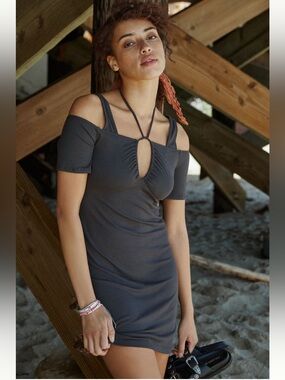 Anthropologie Charcoal Ribbed Cold-Shoulder Mini Dress